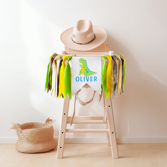 First DINO Highchair , Dinosaur 1st BIRTHDAY Banner with Tassels | Pre-Assembled Ready to Hang