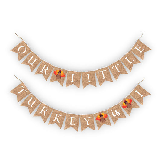 Our little turkey is turning 1 one, Thanksgiving first Birthday decor Rustic Burlap banner bunting for party decorations