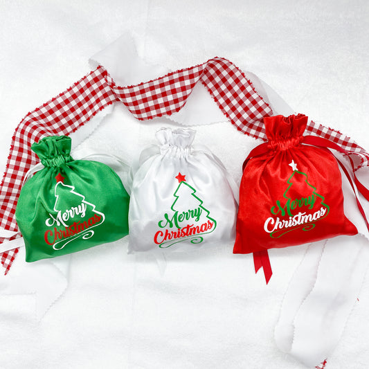 Christmas Favor Satin Bags - Christmas Goodie Bags Christmas fabric Bags Drawstring Christmas Bag Christmas Treat Bags