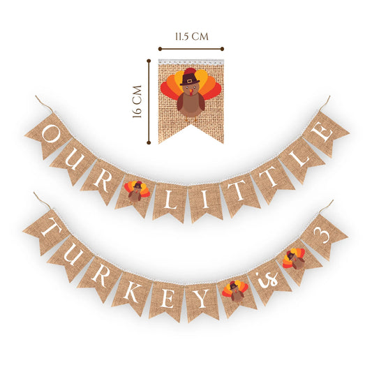 Our little turkey is 3, Thanksgiving Birthday decor Rustic Burlap banner bunting for party decorations Custom thanksgiving