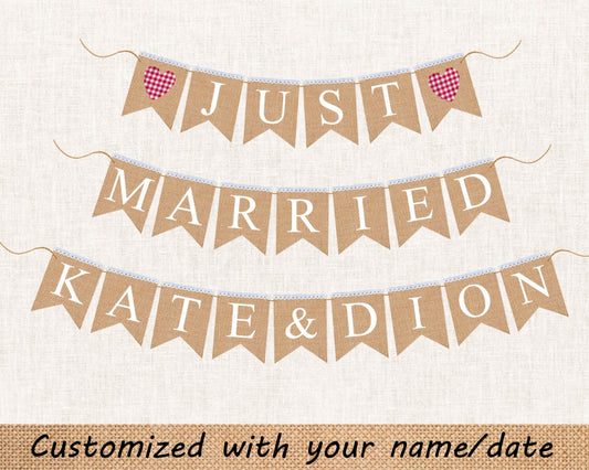 Customized Just Married Banner with Red checkered Gingham Heart for Rustic Wedding Decor.