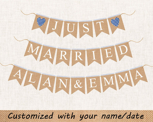 Customized Just Married Banner with Blue checkered Gingham Heart for Rustic Wedding Decor.