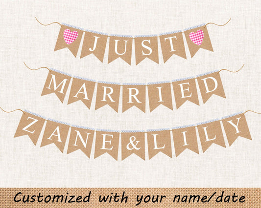 Customized Just Married Banner with Pink checkered Gingham Heart for Rustic Wedding Decor.