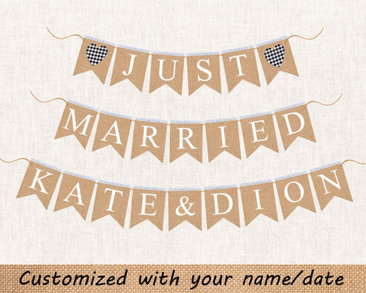 Customized Just Married Banner with Black checkered Gingham Heart for Rustic Wedding Decor.