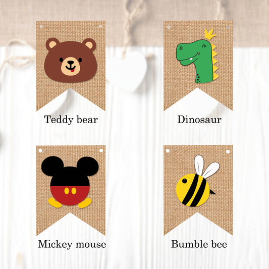 Character themed flags in regular and vintage style (10 pieces in a package) to create your own banner.