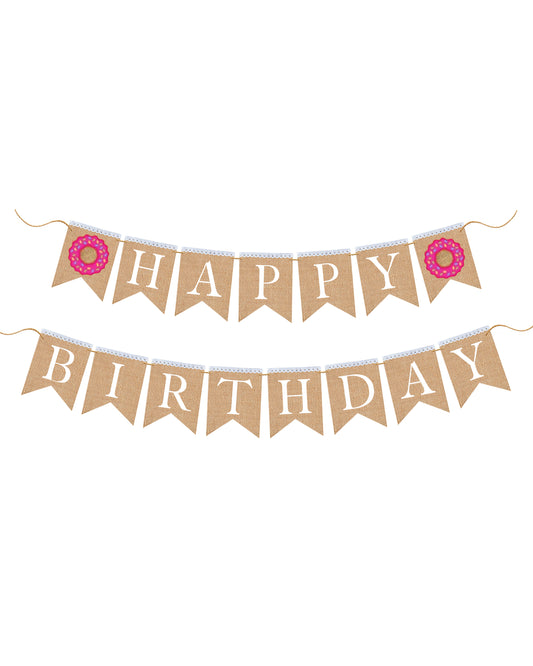 Donut happy birthday banner, burlap birthday banner, happy birthday bunting, birthday flag, party decorations