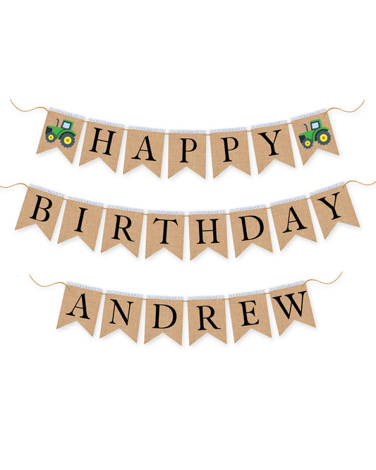 Green Tractor Personalized Happy Birthday burlap banner, First birthday banner, Green tractor themed party.