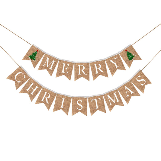 Merry Christmas Burlap Bunting Banner - Garland For The Home Outside Tree Door Indoor Mantle Bedroom Office Decorations