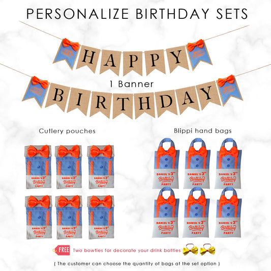 Blippi Birthday Party Sets Personalization, Custom Any Words Bags Name, Birthday burlap banner, Rustic birthday party decorations