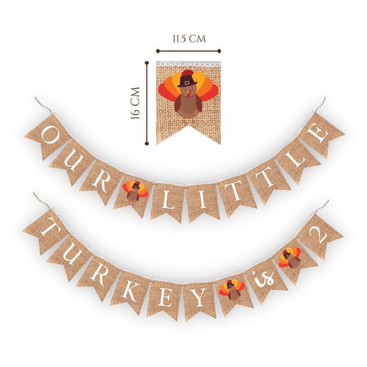 Our little turkey is turning 2 Two, Thanksgiving first Birthday decor Rustic Burlap banner bunting for party decorations Custom thanksgiving