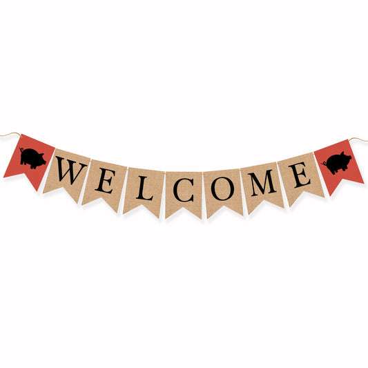 Welcome with a little pig Bunting Banner, Barnyard Birthday Party Theme, Event Decor, Food Table Hanging Sign