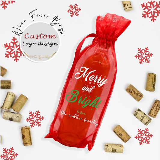 Merry Christmas personalized wine bag, Holiday Red Wine Bags with Drawstrings for New Year Party or Christmas Holiday Gift favors Bulk