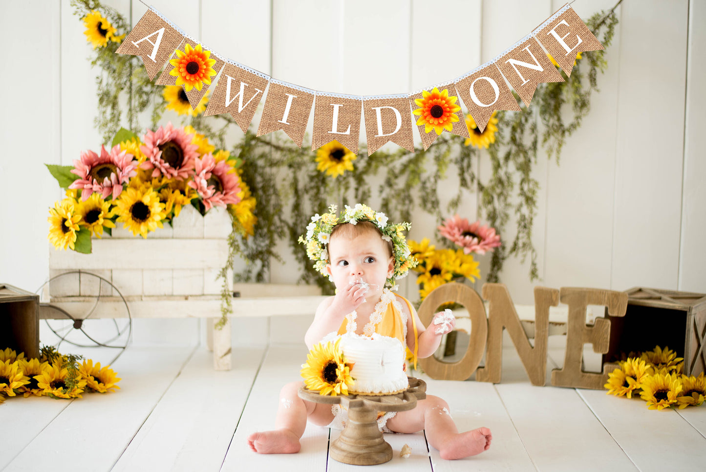 A WILD ONE BANNER with SUNFLOWER - Black & White Gingham theme