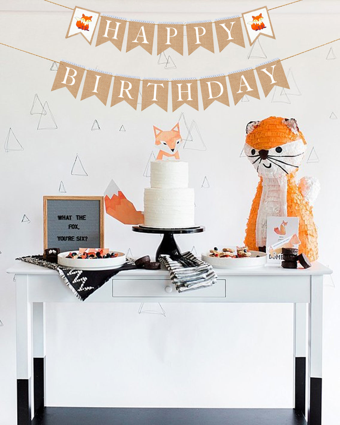 Woodland fox happy birthday banner, burlap birthday banner, happy birthday bunting, birthday flag, party decorations