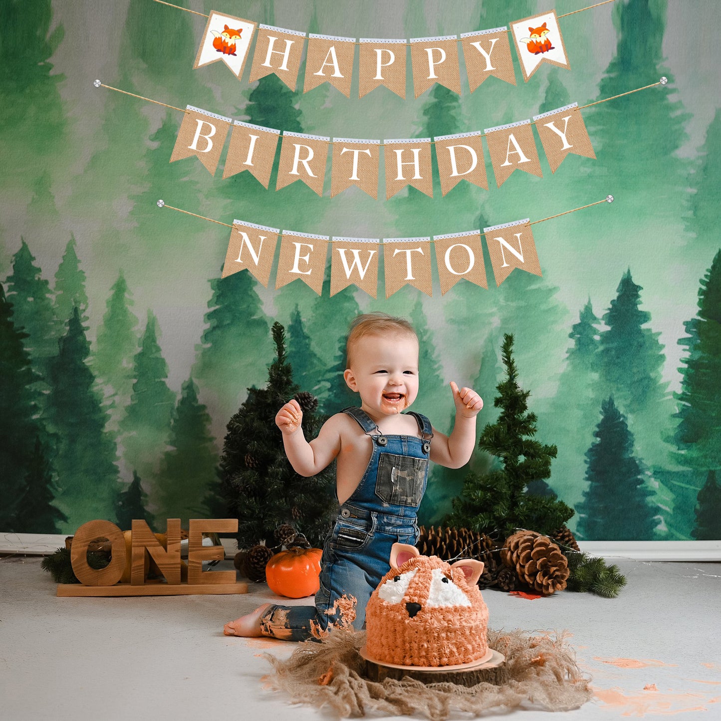 Woodland fox Personalized Happy Birthday burlap banner, First birthday banner, Woodland themed party.