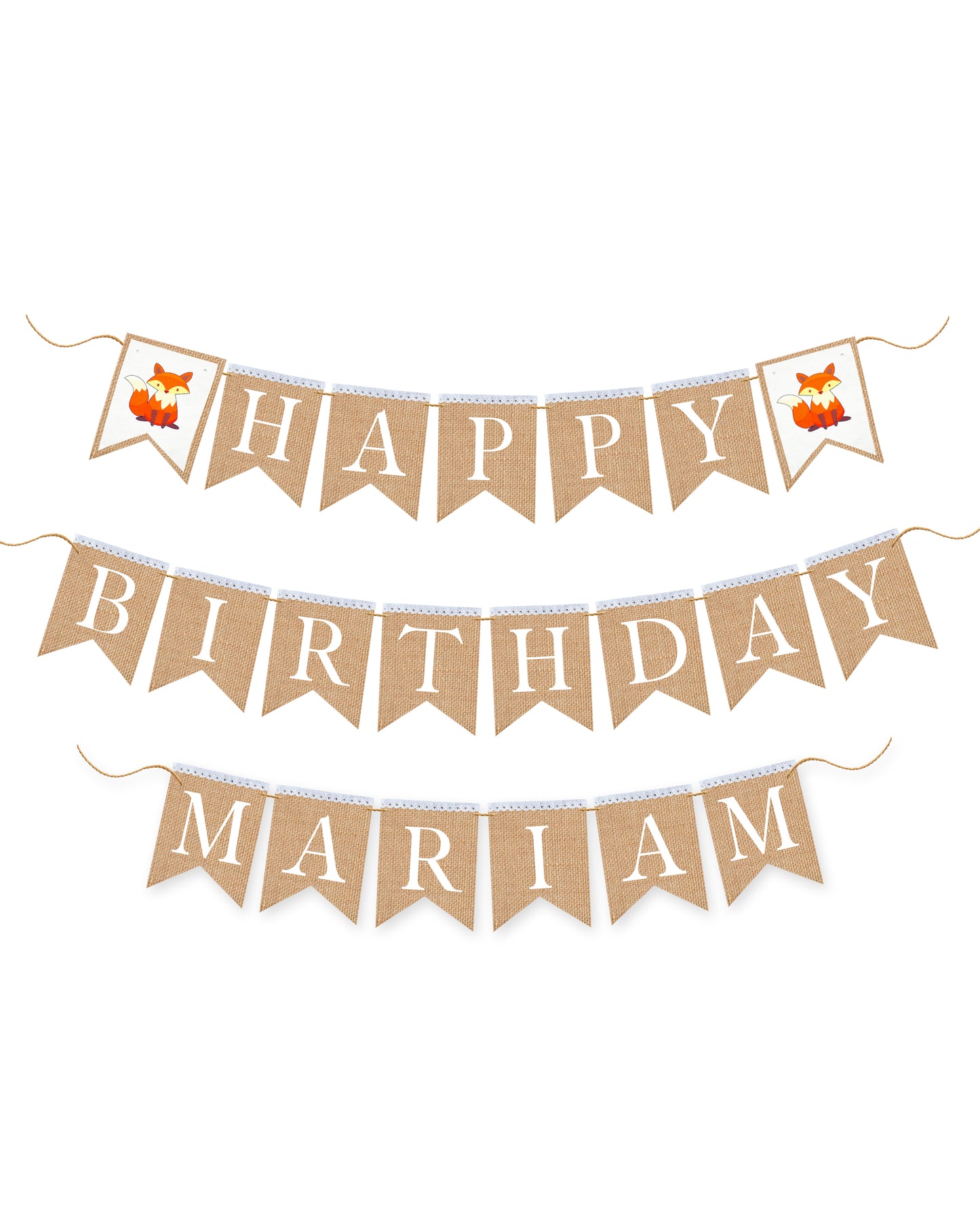 Woodland fox Personalized Happy Birthday burlap banner, First birthday banner, Woodland themed party.