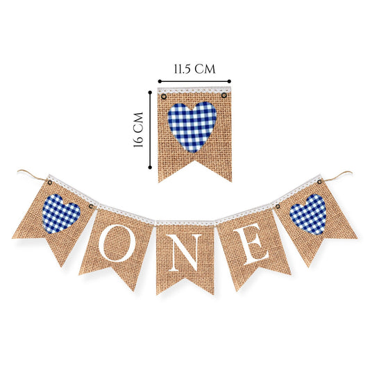 VINTAGE BURLAP BANNER "ONE" WITH HEARTS BLUE