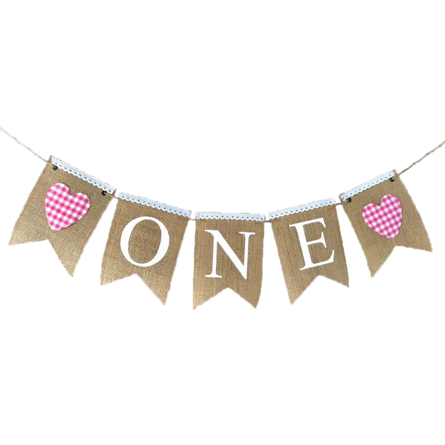 VINTAGE BURLAP BANNER "ONE" WITH HEARTS PINK