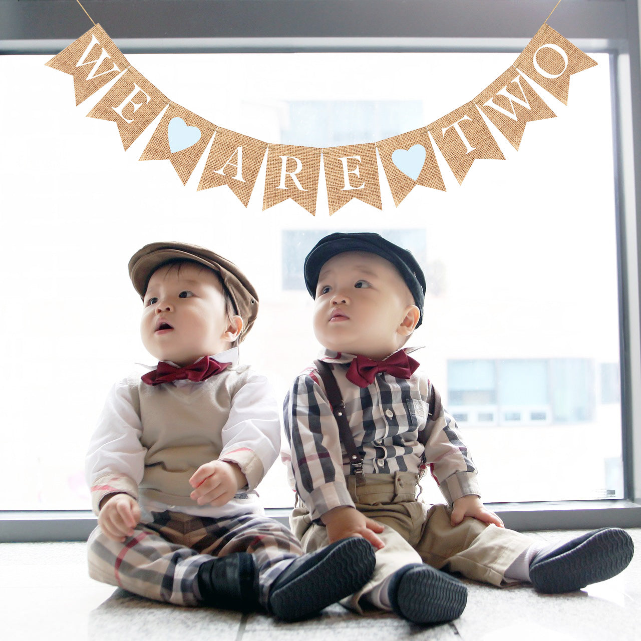 WE ARE TWO TWINS BIRTHDAY BURLAP BANNER BUNTING