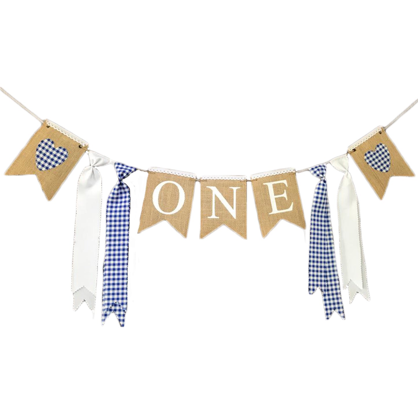 VINTAGE BURLAP BANNER "ONE" WITH HEARTS BLUE