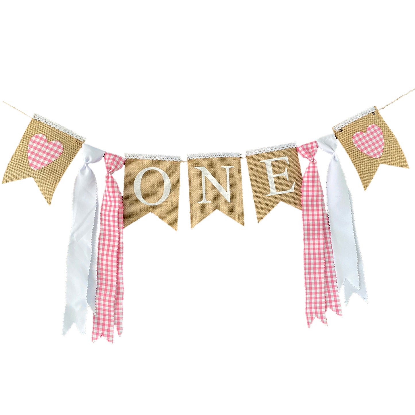 VINTAGE BURLAP BANNER "ONE" WITH HEARTS PINK