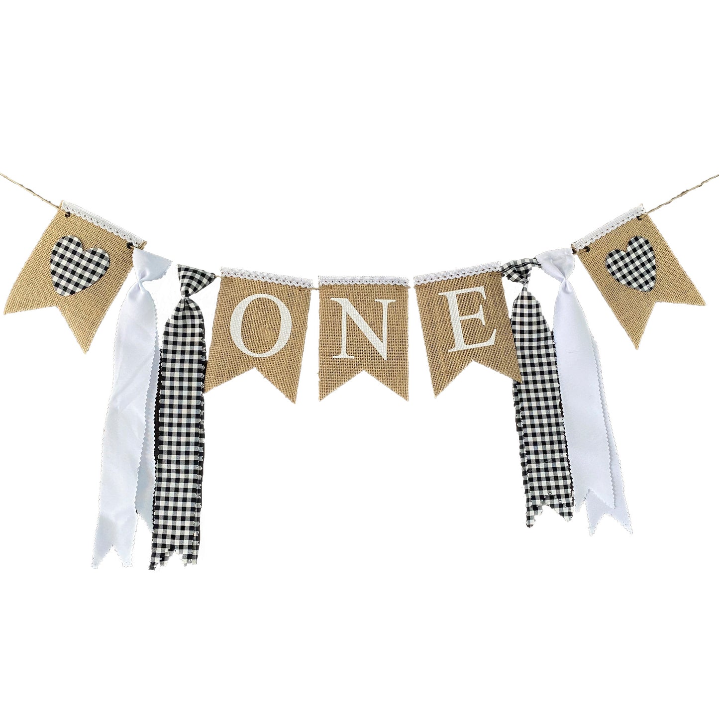 VINTAGE BURLAP BANNER "ONE" WITH HEARTS BLACK