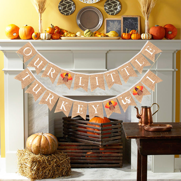 Our little turkey is turning 1 one, Thanksgiving first Birthday decor Rustic Burlap banner bunting for party decorations