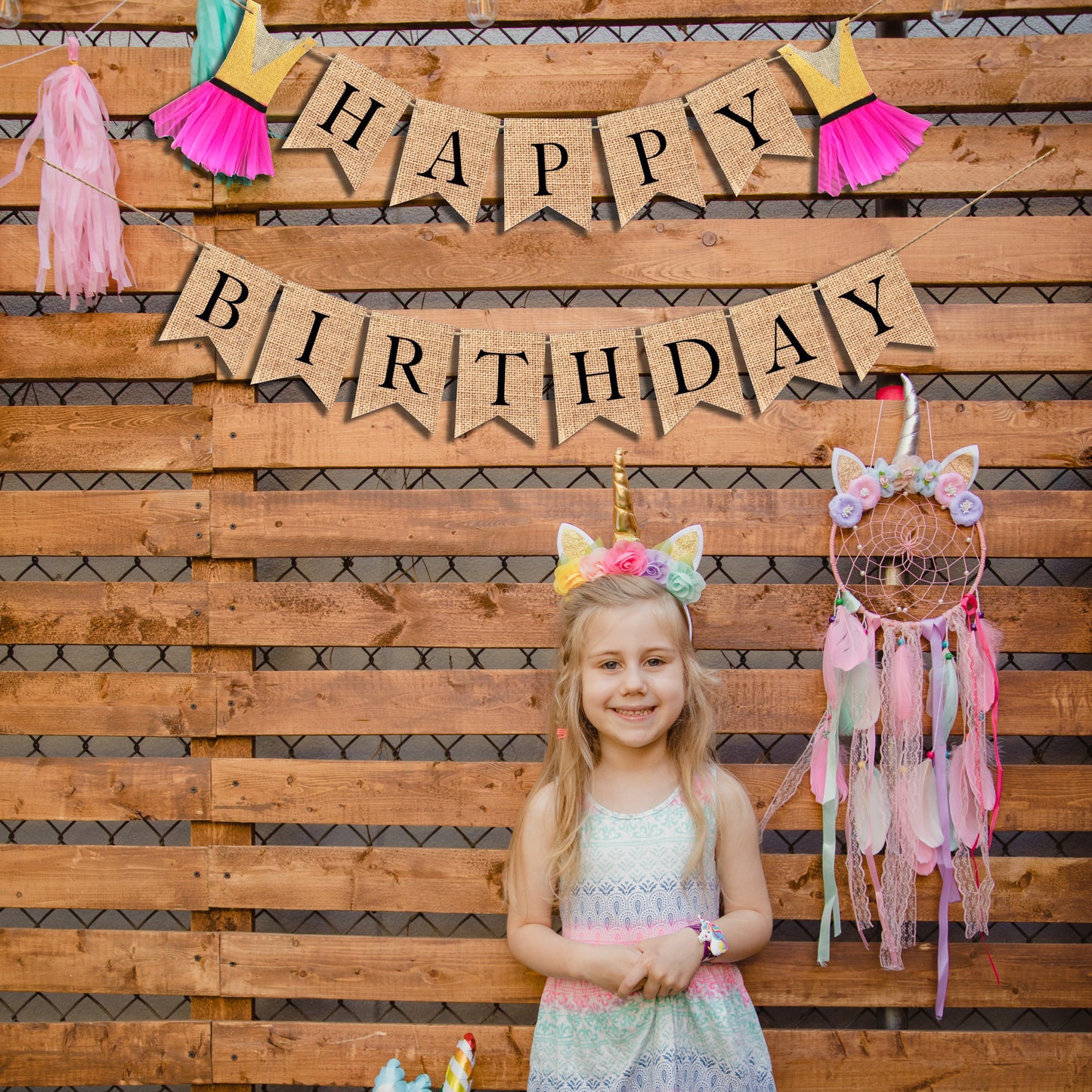 Happy Birthday with Princess Dress Burlap Bunting Banner