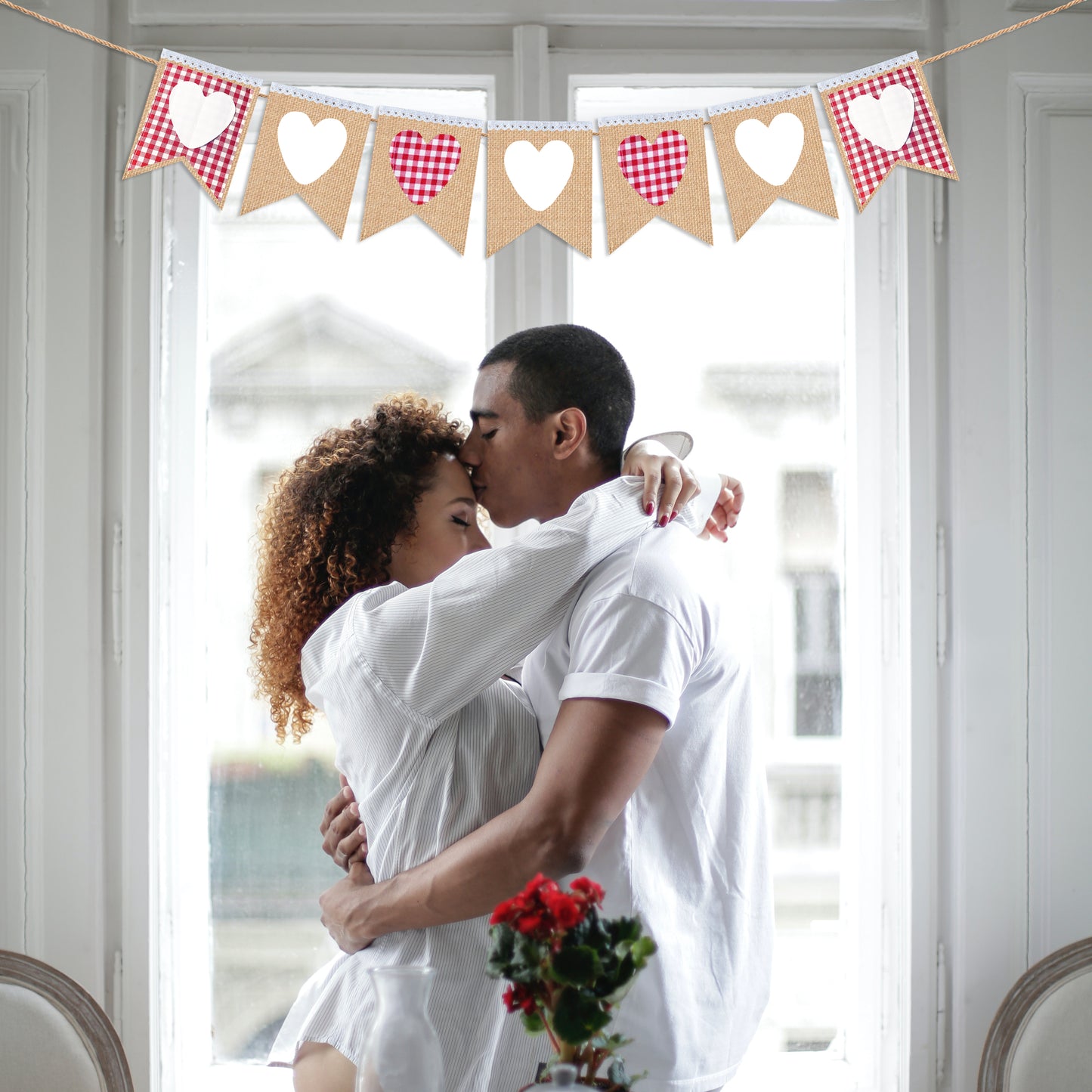 Heart Garland White, Red Heart Burlap Banner, Blue Gingham Theme Farmhouse Rustic Wedding Banner, Rustic Custom Pink Burlap banner