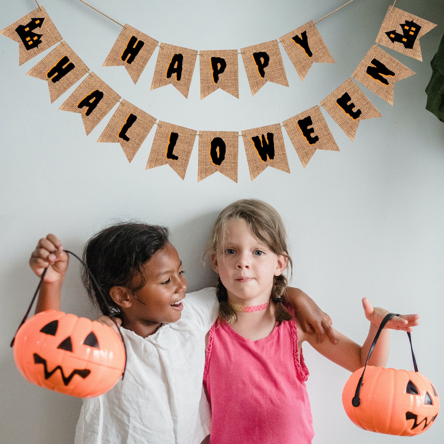 Happy Halloween Burlap Banner with a Haunted House