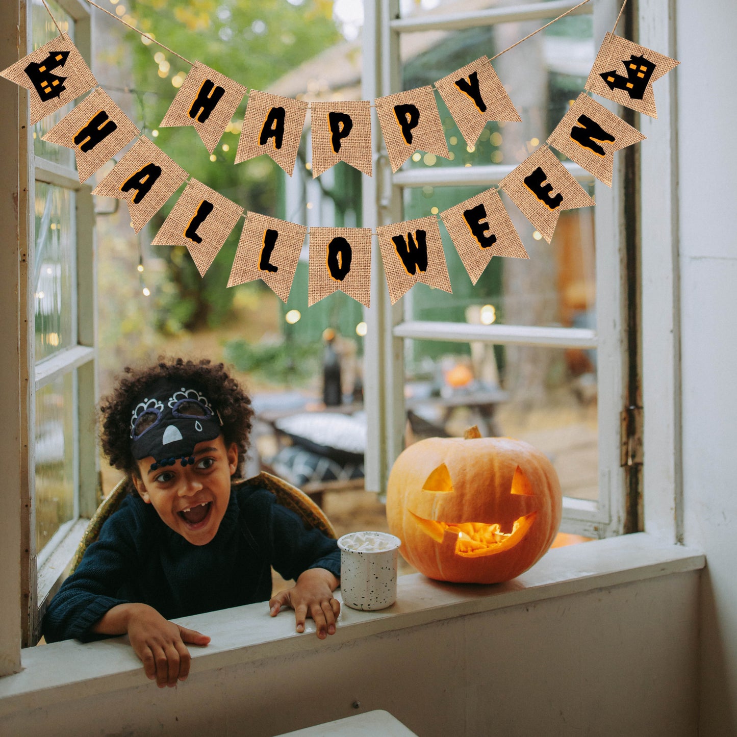 Happy Halloween Burlap Banner with a Haunted House