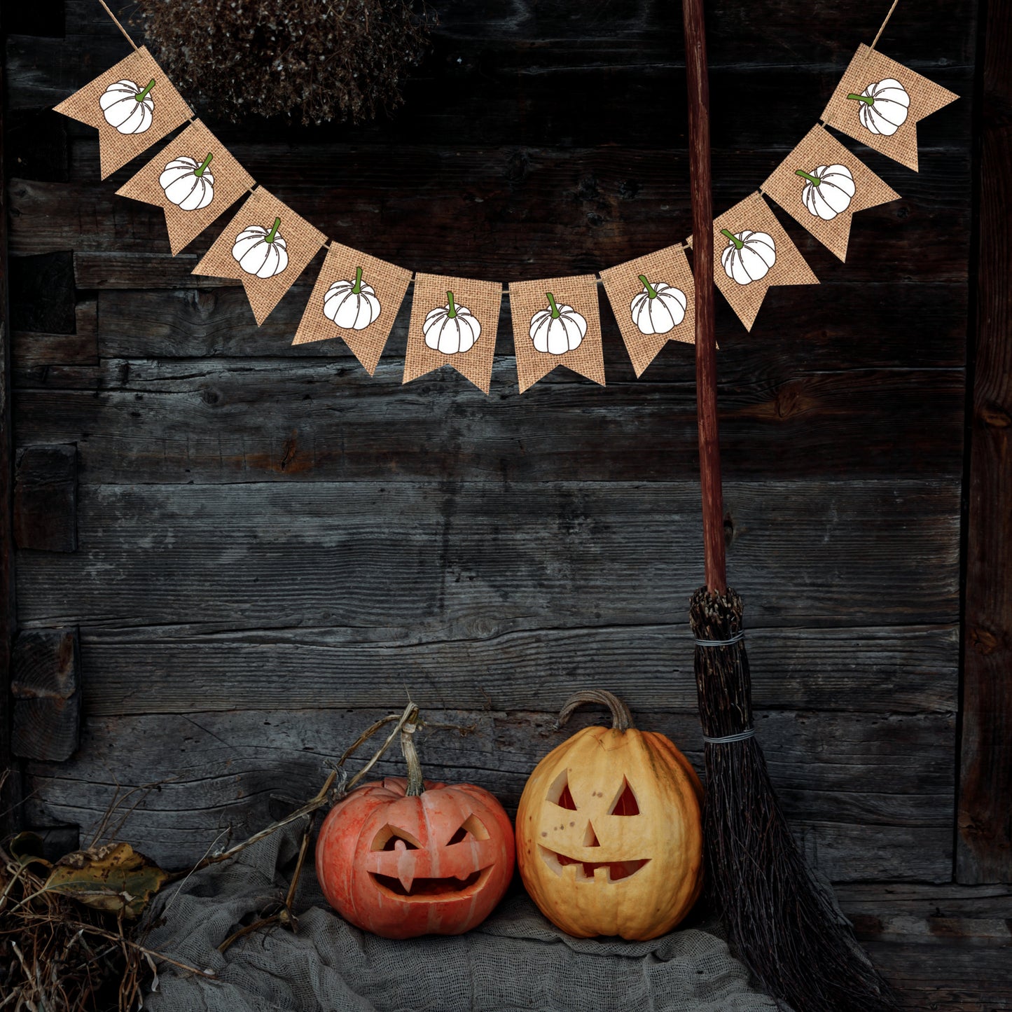 Autumn Fall White Pumpkin Hessian Burlap Bunting Banner Garland Decor for Farmhouse Halloween Decoration