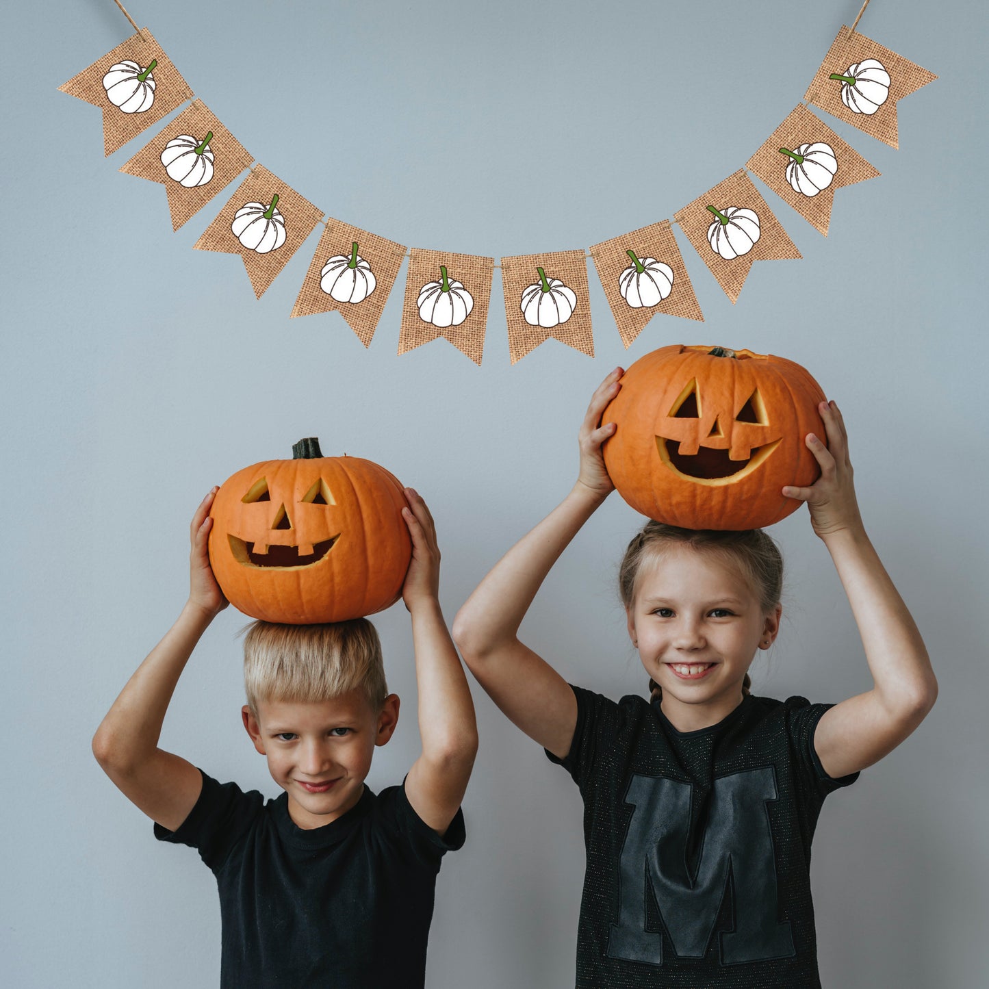 Autumn Fall White Pumpkin Hessian Burlap Bunting Banner Garland Decor for Farmhouse Halloween Decoration