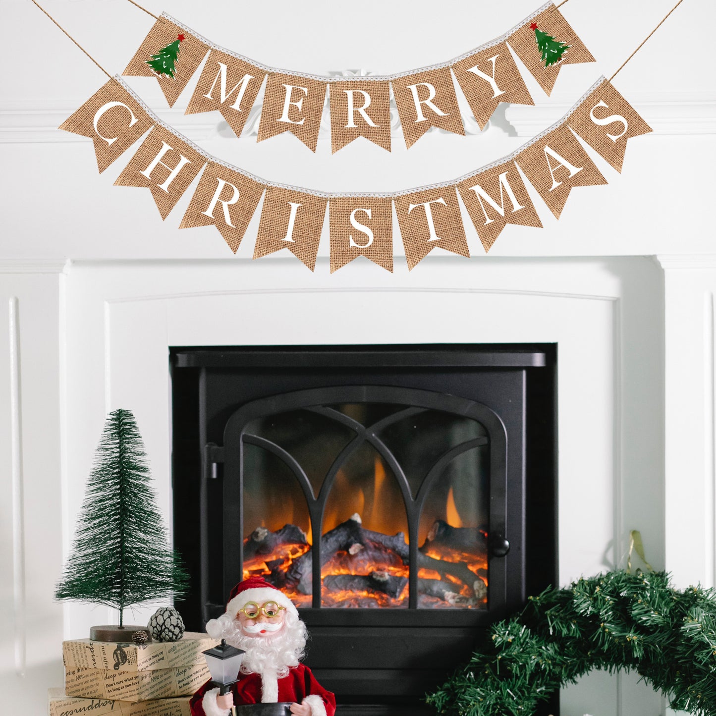 Merry Christmas Burlap Bunting Banner - Garland For The Home Outside Tree Door Indoor Mantle Bedroom Office Decorations