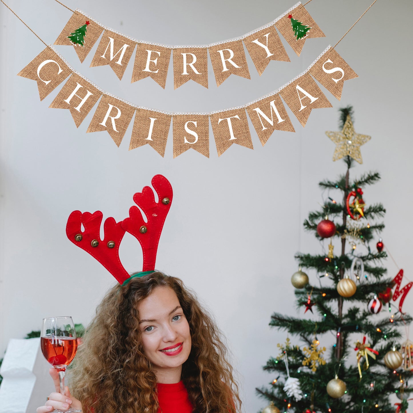 Merry Christmas Burlap Bunting Banner - Garland For The Home Outside Tree Door Indoor Mantle Bedroom Office Decorations