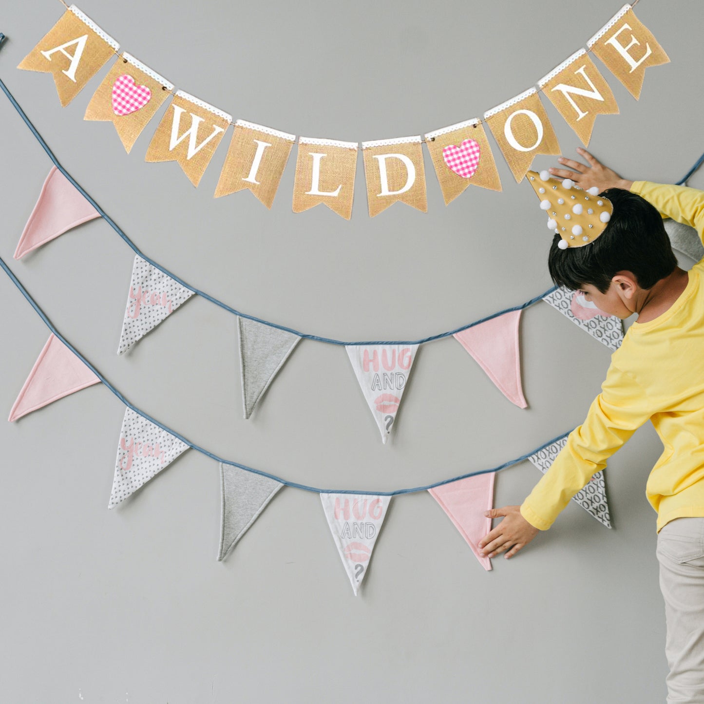 A WILD ONE VINTAGE BURLAP BANNER WITH HEART