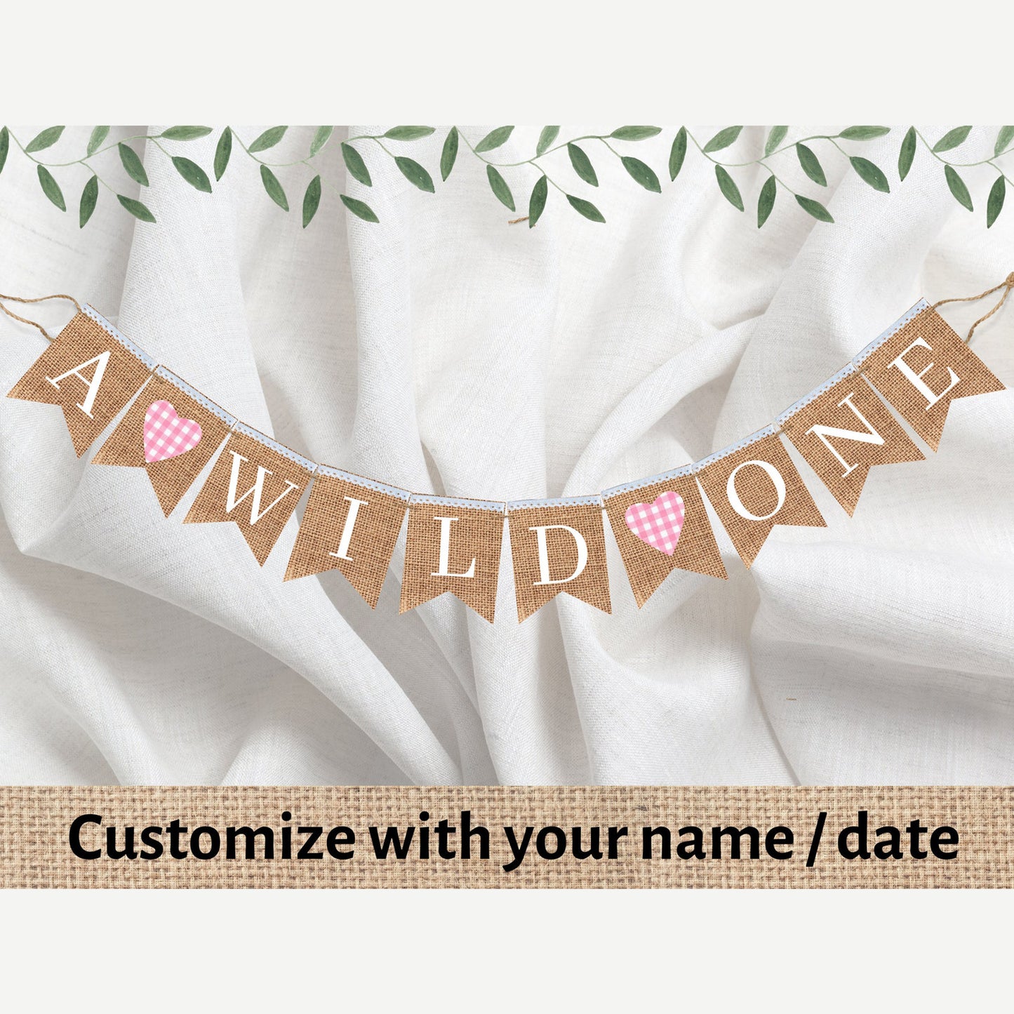 A WILD ONE VINTAGE BURLAP BANNER WITH HEART