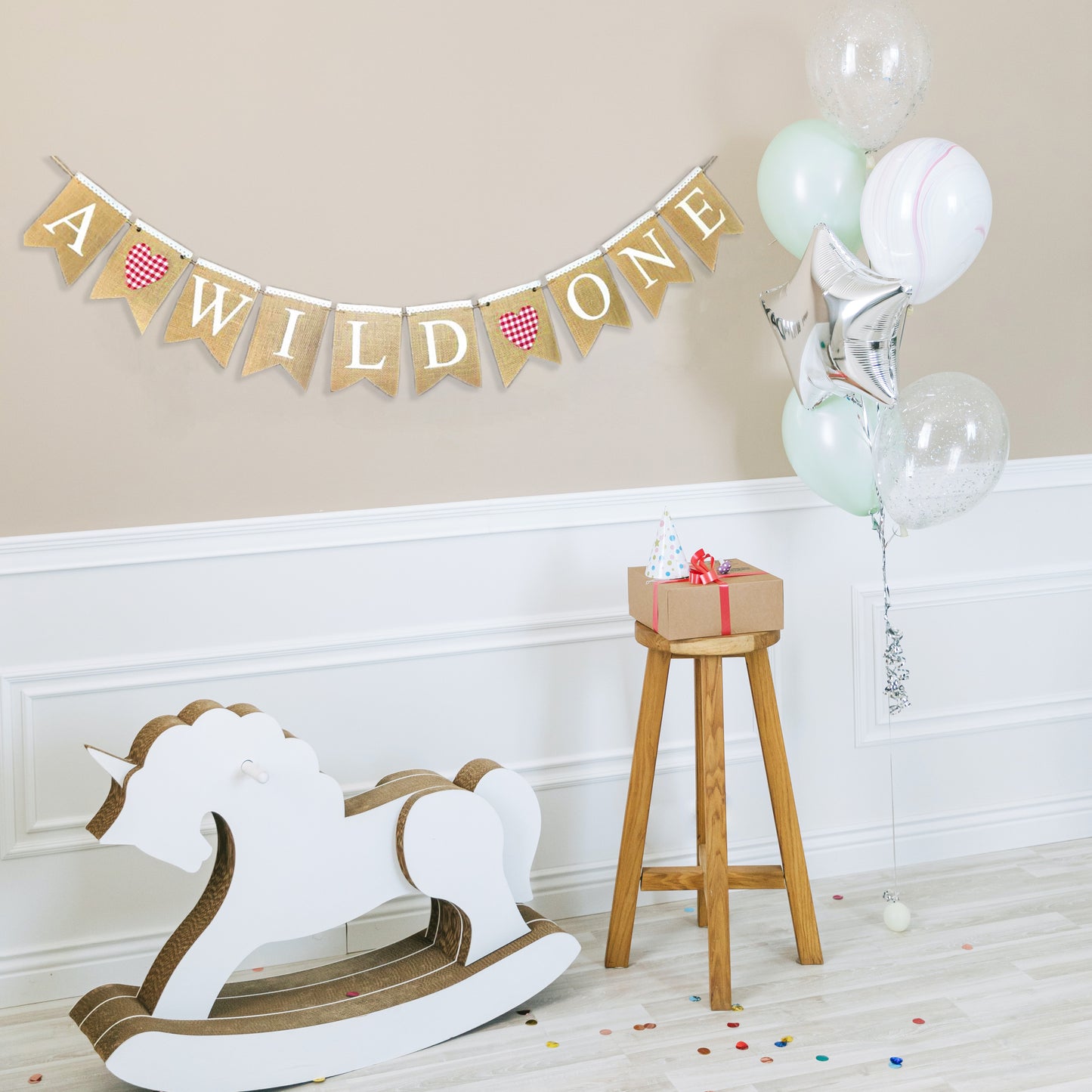 A WILD ONE VINTAGE BURLAP BANNER WITH HEART