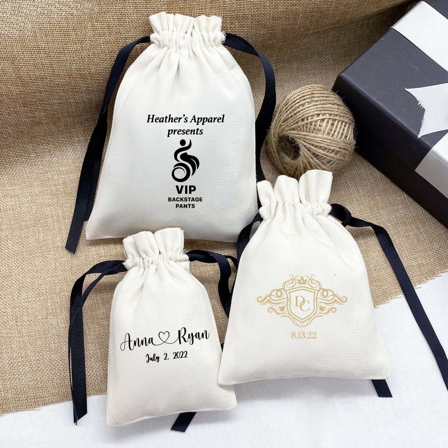 White thick twill cotton pouches, bulk wholesale custom logo bags.