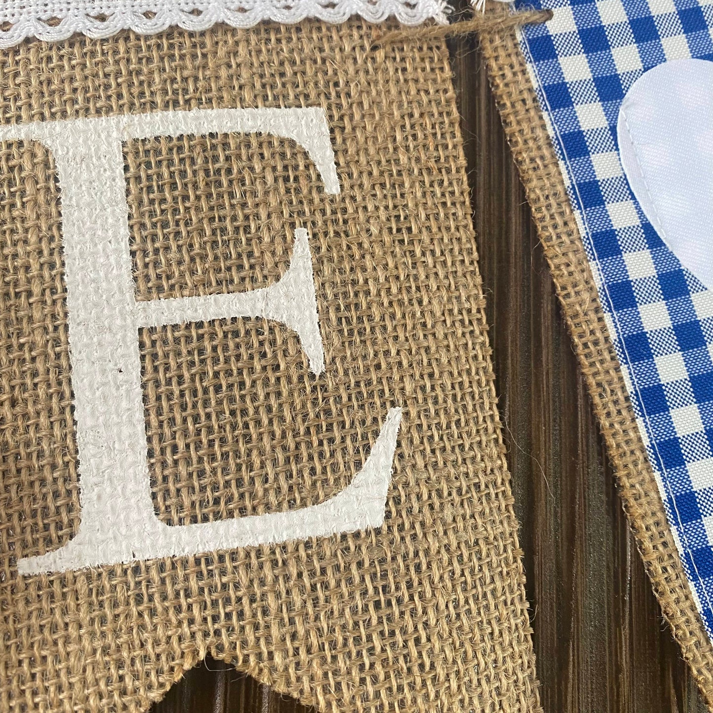 VINTAGE BLUE GINGHAM BANNER "ONE" WITH HEART