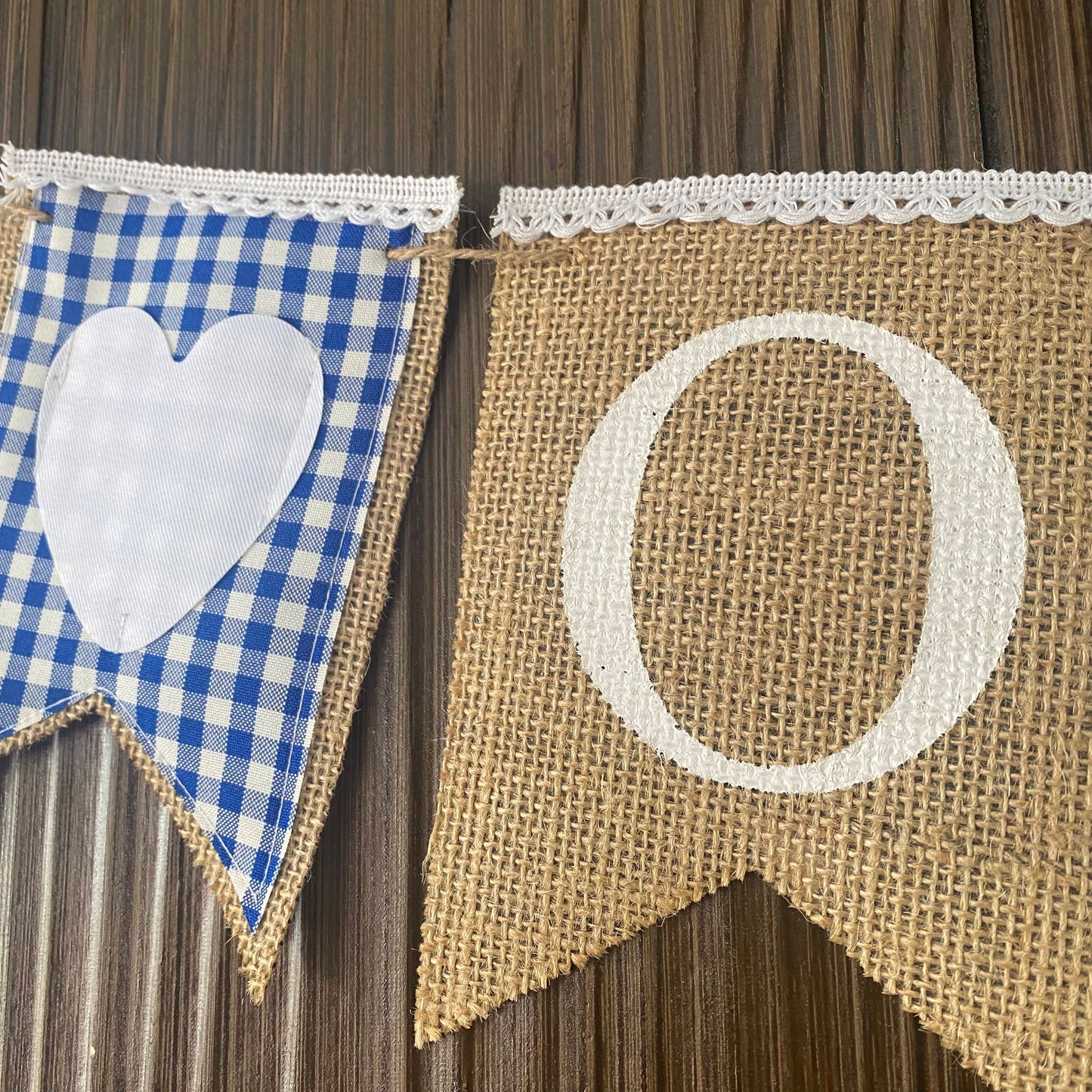 VINTAGE BLUE GINGHAM BANNER "ONE" WITH HEART