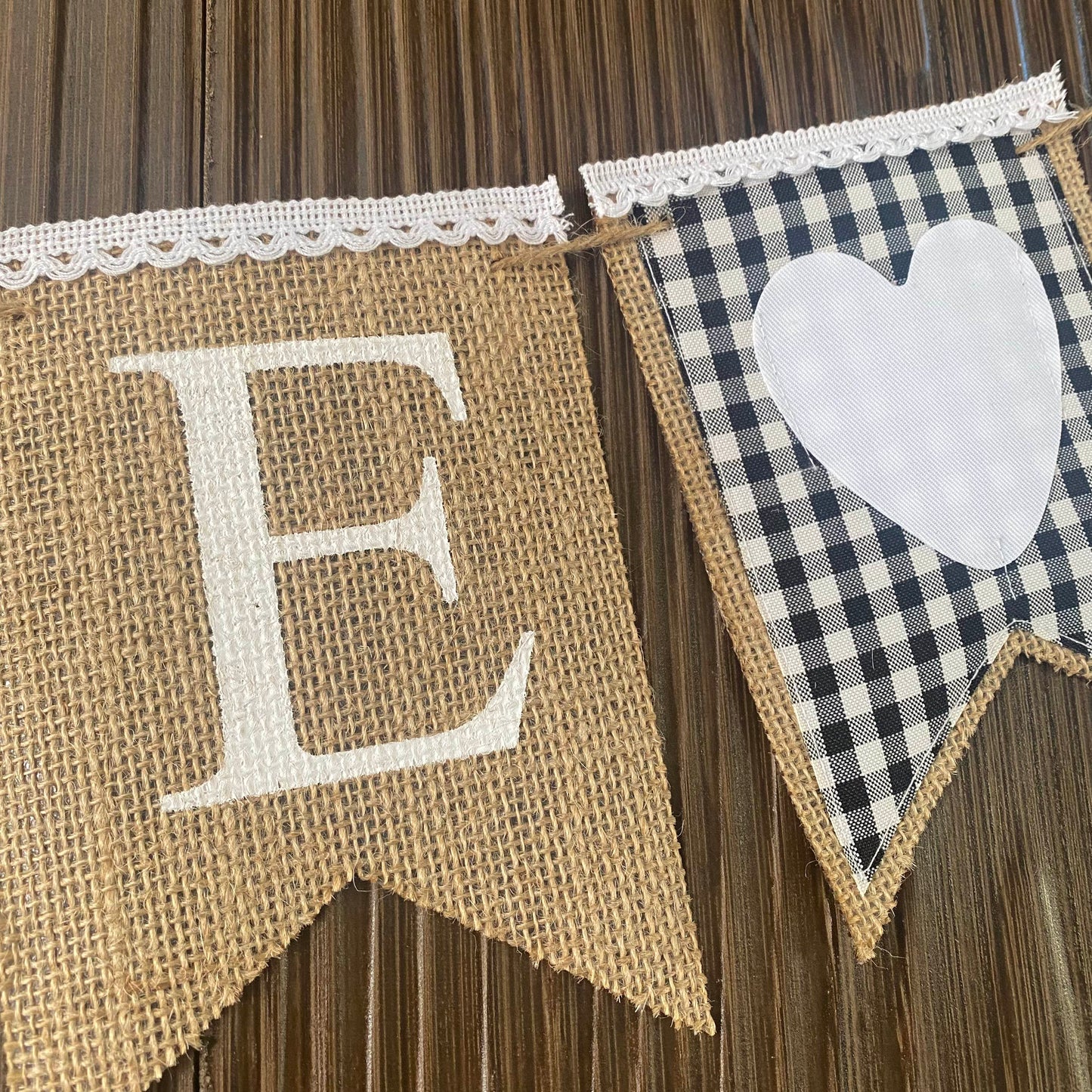 VINTAGE BLACK GINGHAM BANNER "ONE" WITH HEART