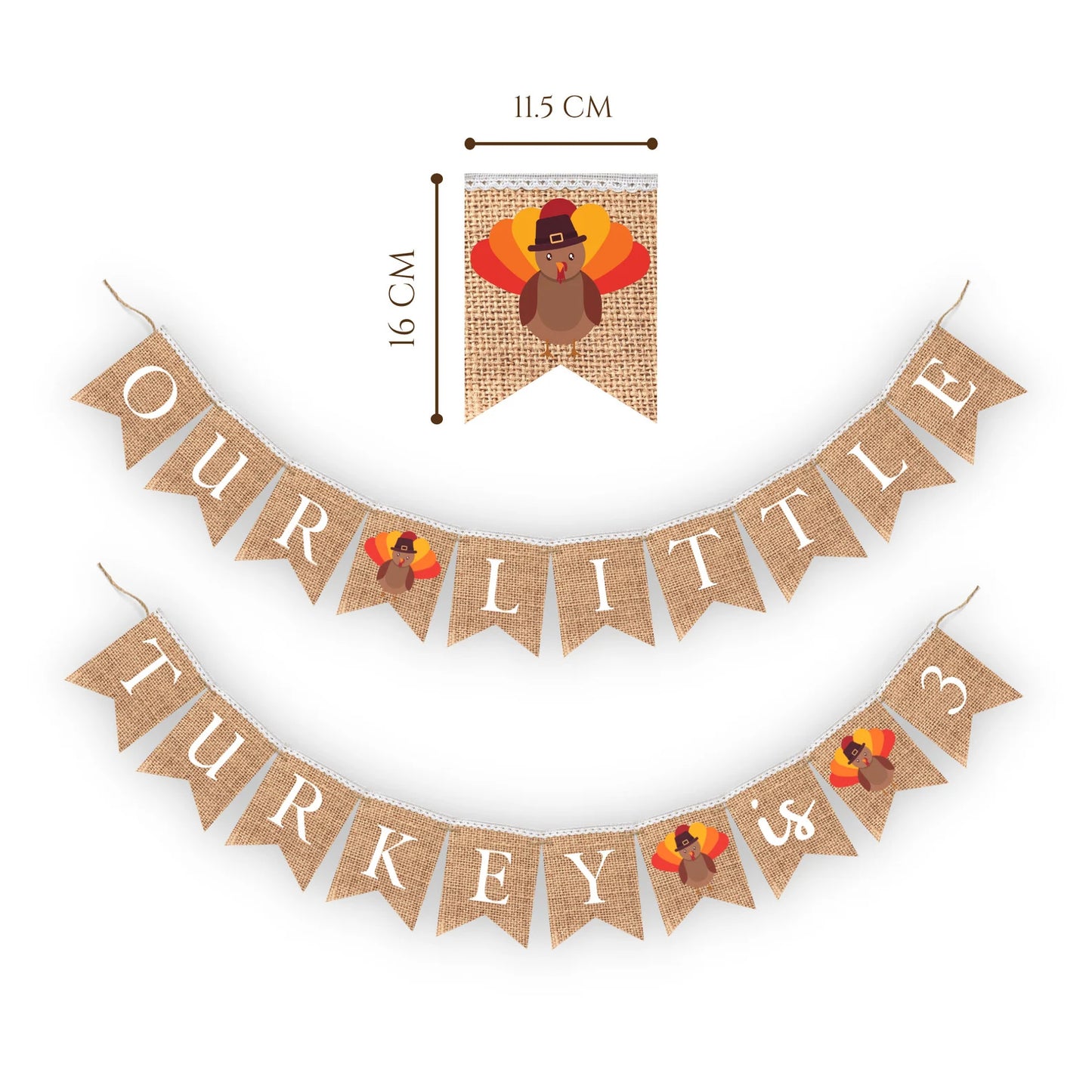 Our little turkey is 3, Thanksgiving Birthday decor Rustic Burlap banner bunting for party decorations Custom thanksgiving