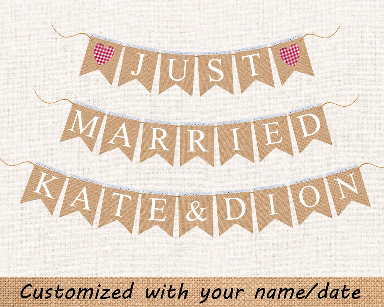 Customized Just Married Banner with Pink checkered Gingham Heart for Rustic Wedding Decor.