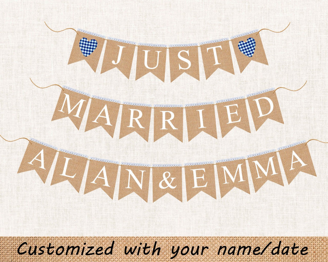 Customized Just Married Banner with Pink checkered Gingham Heart for Rustic Wedding Decor.