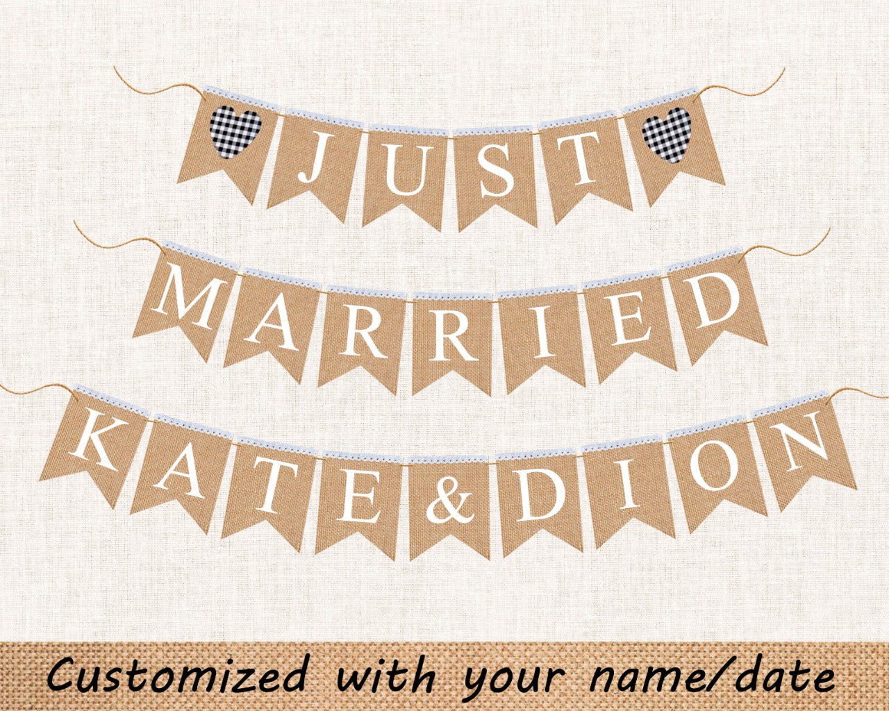 Customized Just Married Banner with Blue checkered Gingham Heart for Rustic Wedding Decor.