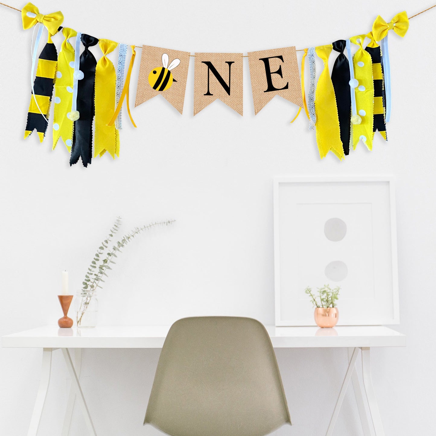 BUMBLE BEE HIGHCHAIR BANNER - Bee High Chair Banner, Bee Birthday Bunting, Bee Smash Cake, 1st Birthday Photo Backdrop, One Banner