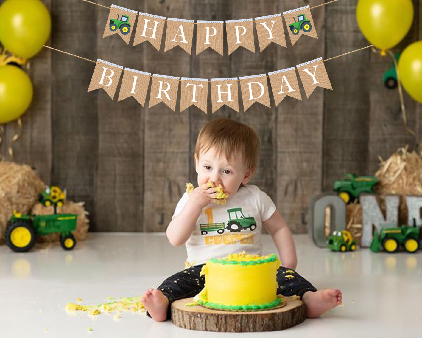 Green Tractor Personalized Happy Birthday burlap banner, First birthday banner, Green tractor themed party.