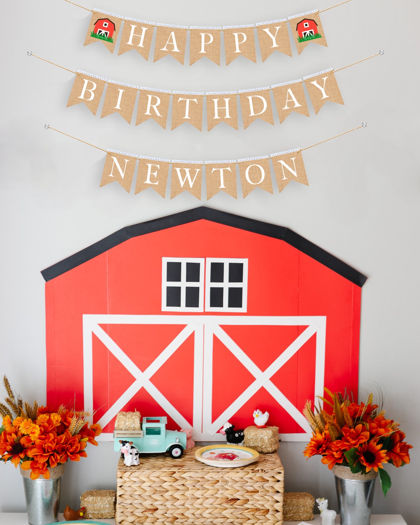 Barnyard Personalized Happy Birthday burlap banner, First birthday banner, Barnyard themed party.