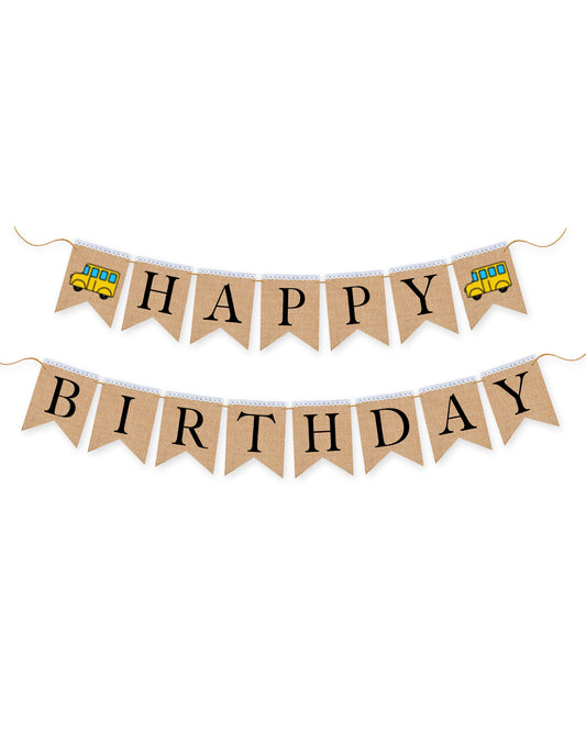 School bus happy birthday burlap banner, First birthday banner, School bus themed party.